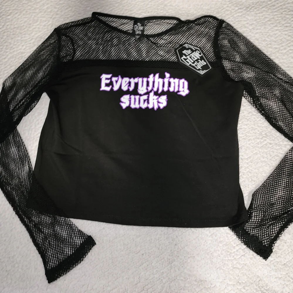 NWT Dolls Kill Black , Sheer Everything Sucks Long Sleeve Tee - Picture 8 of 10